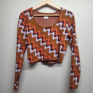 RVCA Pullover Knit Sweater Women Size L Brown Orange Cropped Hippie Retro Casual